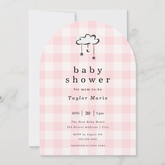 Modern Pink Gingham mobiel Baby shower Kaart (Voorkant)