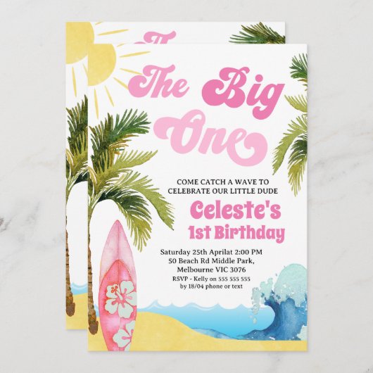 Modern Pink Girls Surf Wave Big One 1st Birthday Kaart (Voorkant / Achterkant)