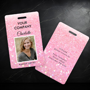 Modern Pink Glitter Medewerker Foto ID Badge