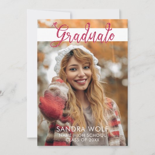 Modern Pink Glitter Script Foto Afstuderen Kaart (Voorkant)