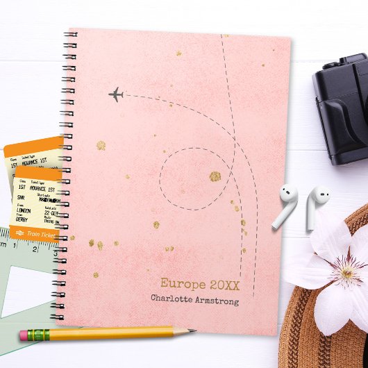 Modern Pink Gold Avion Nom Journal de voyage