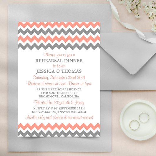 Modern Pink & Gray Chevron Rehearsal Dinner Kaart