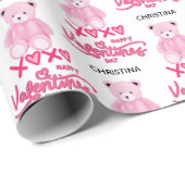 Modern Pink Happy Valentines Day Script Teddy Bear Cadeaupapier (Rol Hoek)