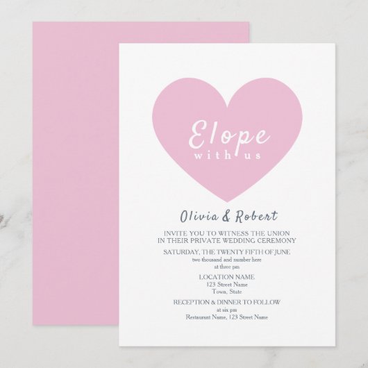 Modern Pink Heart Elopement Wedding Kaart (Voorkant / Achterkant)