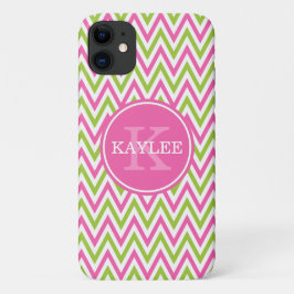 Modern Pink Lime Green Chevron & Monogram iPhone 11 Hoesje