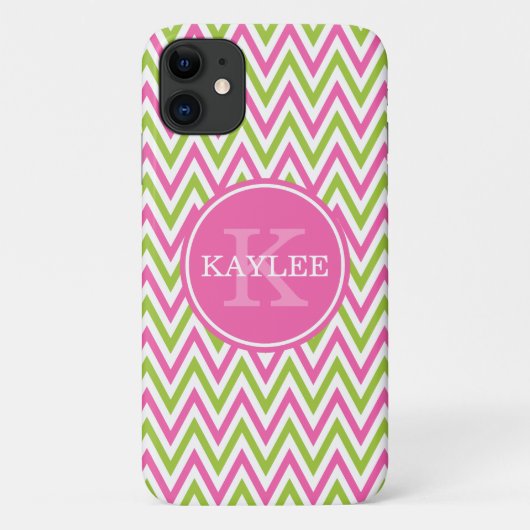Modern Pink Lime Green Chevron & Monogram Case-Mate iPhone Case (Achterkant)