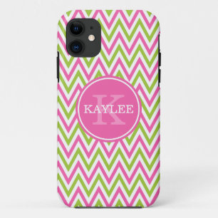 Modern Pink Lime Green Chevron & Monogram iPhone 11 Hoesje