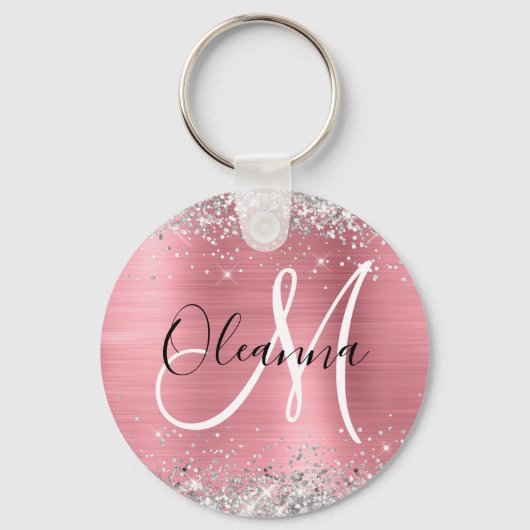 Modern Pink Ombre Folie Silver Glitter Monogram Sleutelhanger (Voorkant)