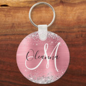 Modern Pink Ombre Folie Silver Glitter Monogram Sleutelhanger (Voorkant)