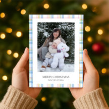 Modern Pink Plaid Check Christmas Photo Card