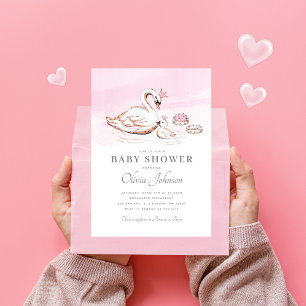 Modern Pink Princess Swan Baby shower Uitnodiging