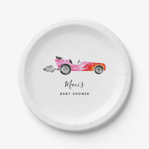 Modern Pink Race Car Girl Baby shower Papieren Bordje
