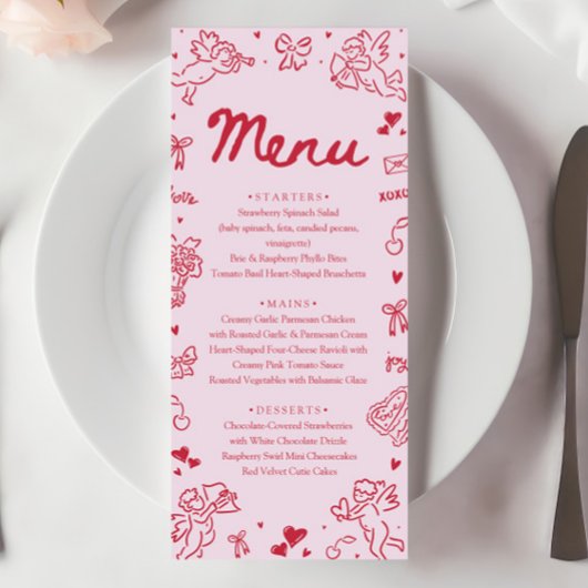 Modern Pink Red Hearts Hand Drawn Valentine Menu
