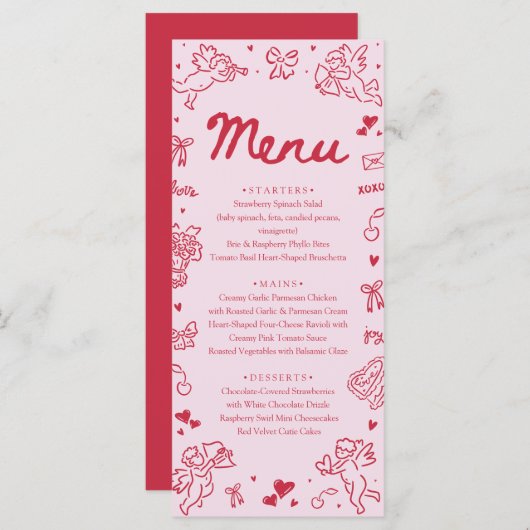 Modern Pink Red Hearts Hand Drawn Valentine Menu (Devant / Derrière)