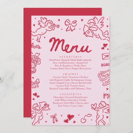 Modern Pink Red Hearts Hand Drawn Valentine Menu (Devant / Derrière)