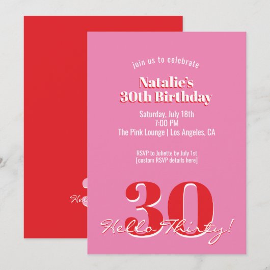 Modern Pink Red Minimalist 30th Birthday Kaart (Voorkant / Achterkant)