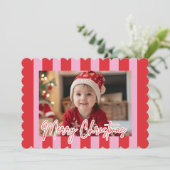 Modern Pink & Red Striped Photo Merry Christmas Feestdagenkaart (Staand voorkant)