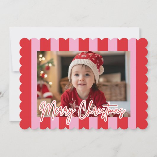 Modern Pink & Red Striped Photo Merry Christmas Feestdagenkaart (Voorkant)