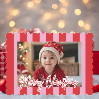 Modern Pink & Red Striped Photo Merry Christmas Feestdagenkaart