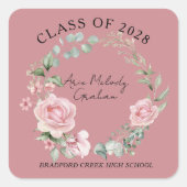 Modern Pink Roses Script Class of Graduation Vierkante Sticker (Voorkant)