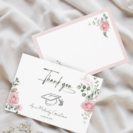 Modern Pink Roses Script Graduation Bedankkaart