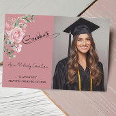 Modern Pink Roses Script Graduation Photo Bedankkaart