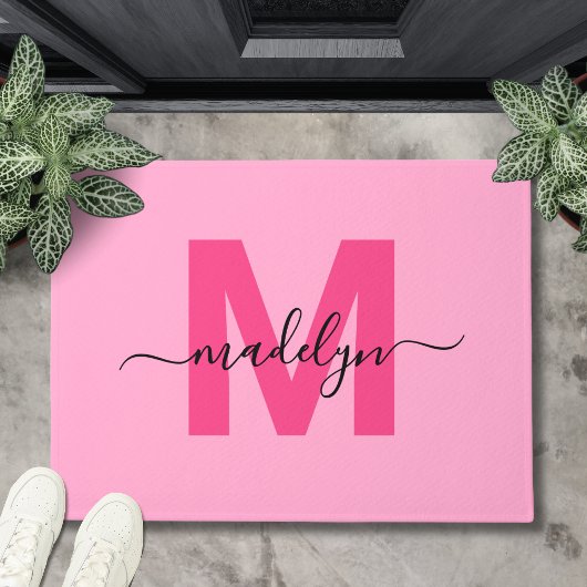 Modern Pink Script Initiaal Monogram Naam Deurmat