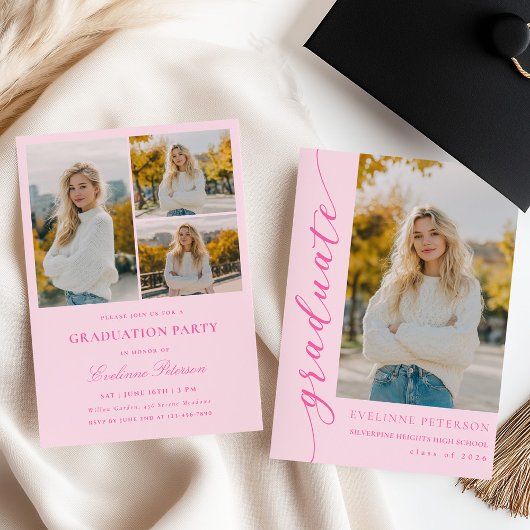Modern Pink Script Photo Graduation Invitation