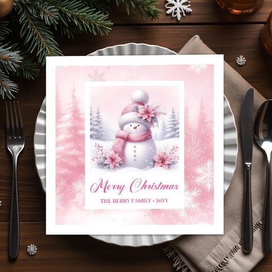 Modern Pink Snowman Kids Winter Forest Pinkmas Servet
