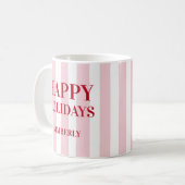 Modern Pink Striped Personalized Happy Holidays Koffiemok (Voorkant links)