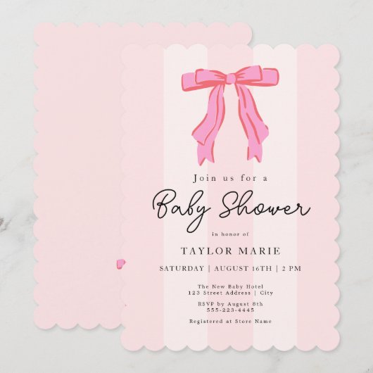 Modern Pink Stripes Coquette Bow Baby shower Kaart (Voorkant / Achterkant)