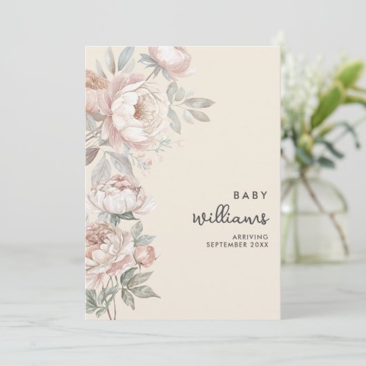 Modern Pioen Roos Bloemen Zwangerschapsaankondigin Aankondiging (Staand voorkant)