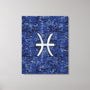 Modern Pisces Zodiac Sign Navy Blue Digital Camo Canvas Afdruk