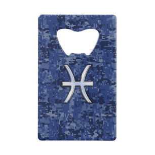 Modern Pisces Zodiac Sign Navy Blue Digital Camo Kredietkaart Flessenopener