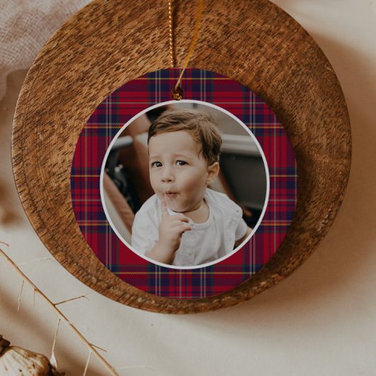 Modern Plaid Christmas Photo Keramisch Ornament