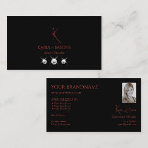 Modern Plain Black met Monogram Foto's en diamante Visitekaartje
