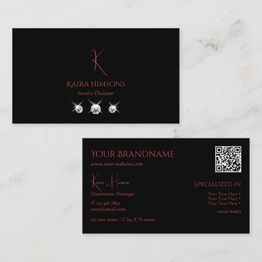 Modern Plain Black met monogram QRCode & Diamonds Visitekaartje (Voorkant / Achterkant)