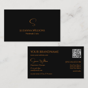 Modern Plain Black Sinaasappel met monogram QR-cod Visitekaartje