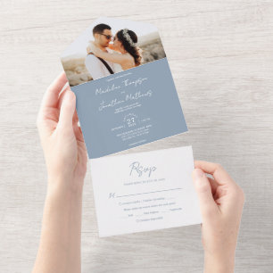 Modern Plain Dusty Blue Foto Rsvp Wedding All In One Uitnodiging