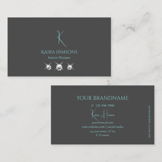 Modern Plain Grey Blauwgroen met monogram en juwel Visitekaartje (Voorkant / Achterkant)