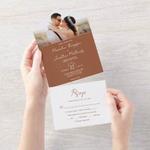 Modern Plain Terracotta Foto Rsvp Wedding All In One Uitnodiging