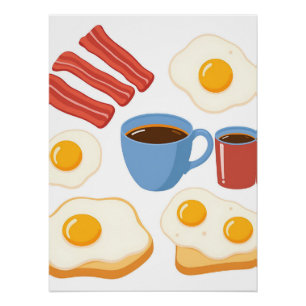 Modern plat ontwerp van spek eieren Toast en koffi Perfect Poster
