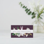 Modern Plum Floral Salon Scissors Logo Benoeming Visitekaartje (Staand voorkant)