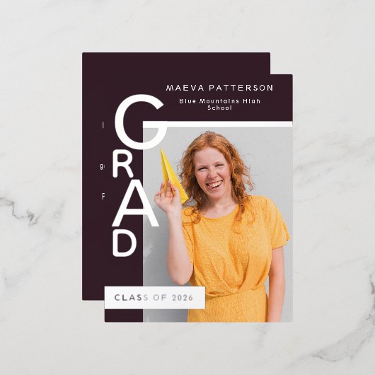 Modern Plum Graduation Party Invitation Silver (Recto/Verso)