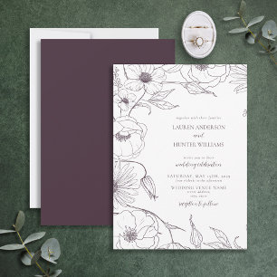 Modern Plum Paars Line Art Floral Wedding Kaart