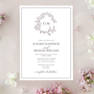 Modern Plum Paarse Leafy Crest Monogram Weddenscha Kaart