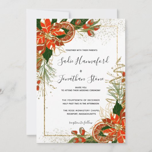 Modern Poinsettia Citrus Winter Wedding Invitation Kaart (Voorkant)