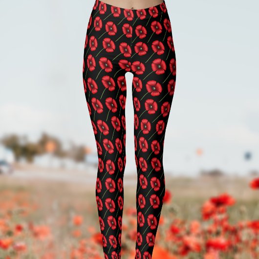 Modern Poppy Flower Pattern Rood Zwart Leggings
