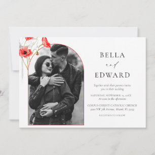 Modern Poppy Red Waterverf Flowers Bruiloft Kaart