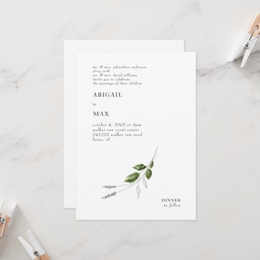 Modern Potlood & Waterverf Greenery Wedding Kaart (Voorkant / Achterkant in situ)